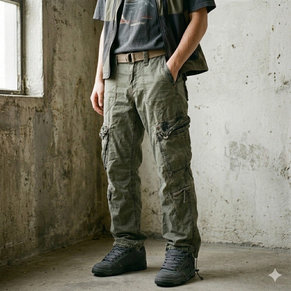 Vintage 90s Jetlag Cargo Pants Mens 29x32 Olive Green Belted Utility Gorpcore